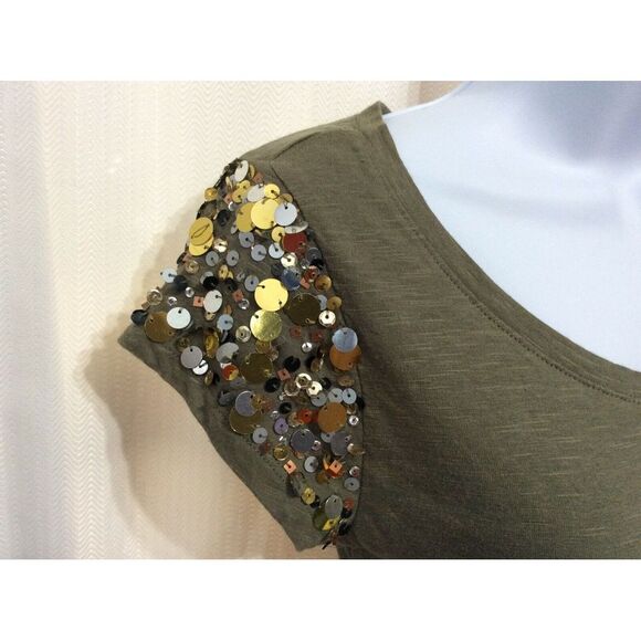 Eye Candy Women’s Size Medium Olive Green Cap Sequined Sleeve Top Scoop Neck Pep - Picture 7 of 7